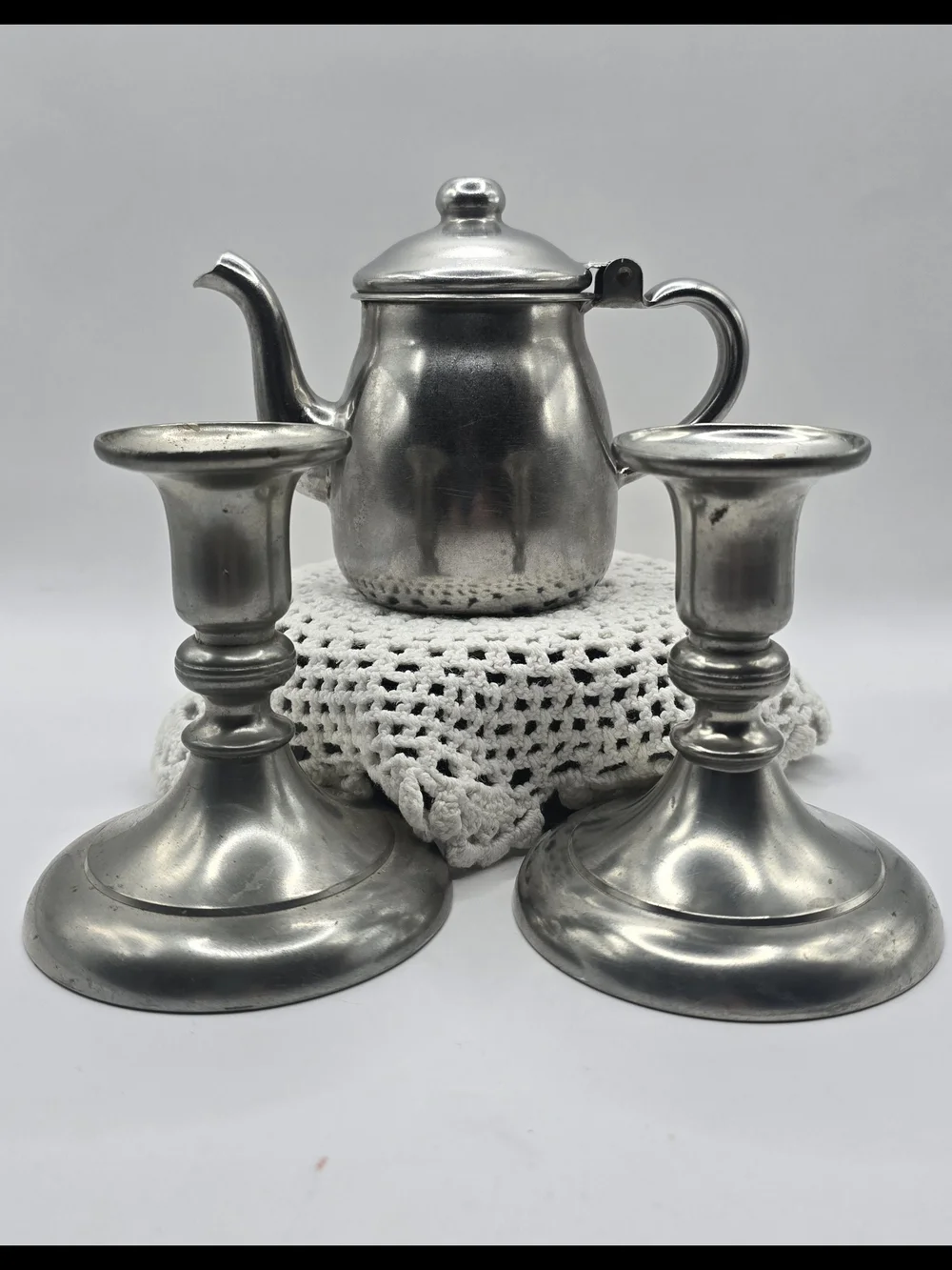 Silver Tone Pewter Teapot and Pair of Candle Holders Set
